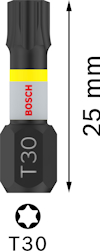 Svart och silverfärgad Torx T30 bits med 25 mm längd och Bosch-logotyp.