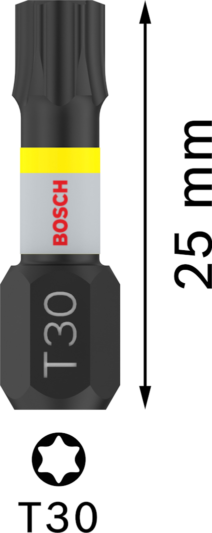 Svart och silverfärgad Torx T30 bits med 25 mm längd och Bosch-logotyp.