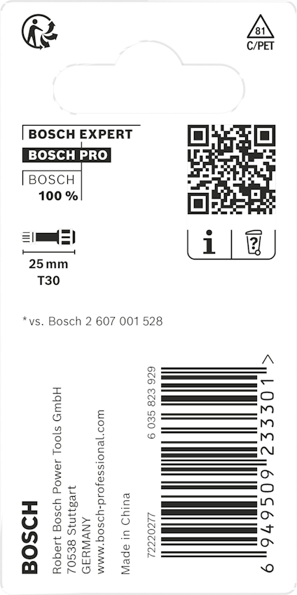 Förpackning med Bosch-logotyp, QR-kod, streckkod och text "25 mm T30". Tillverkad i Kina.