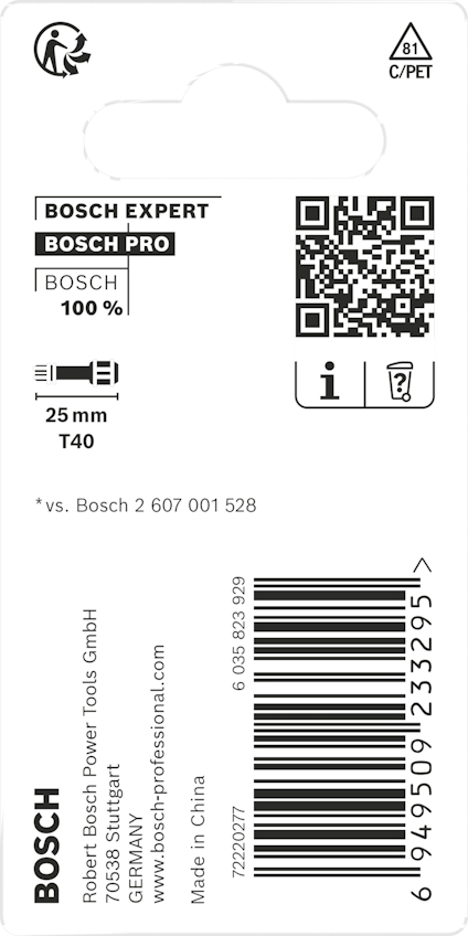Förpackningens baksida med text och streckkod, inklusive en QR-kod och information om Bosch Expert och Bosch Pro.