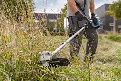 Person använder grästrimmer på långt gräs med byggnader i bakgrunden.