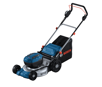 Gräsklippare med blå och svart design, fyrhjulig, med "Bosch" skrivet på svarta uppsamlingspåsen.