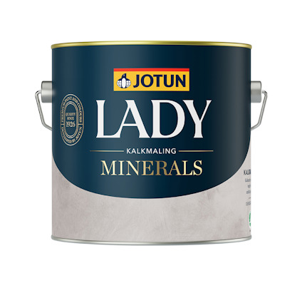 Färgbehållare med etikett: "Jotun Lady Minerals Kalkmaling".