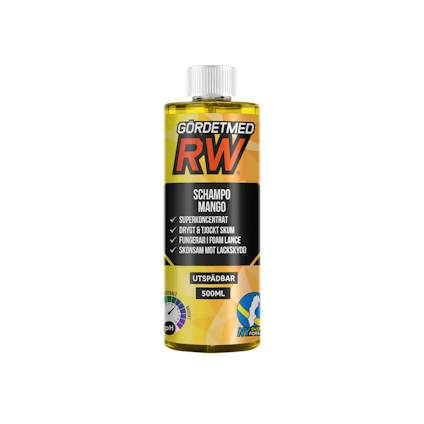 Flaska med gul vätska, märkning "GÖRDETMED RW SCHAMPO MANGO". Texten inkluderar "SUPERKONCENTRAT", "500ML" och symboler.