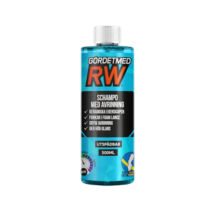Flaska med texten "Gördetmed RW Schampo med avrinning", 500ml. Blå etikett, silver skruvkork.
