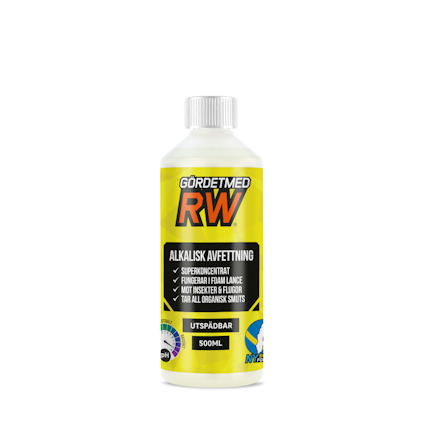 Gul flaska med texten "GÖRDETMED RW ALKALISK AVFETTNING" och "UTSPÄDBAR 500ML".