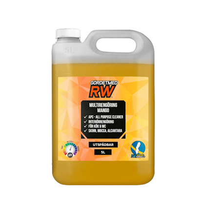 Transparent dunk med orange vätska och etikett med text: "MULTIRENGÖRING MANGO, APC, 5L, KÖK & WC".