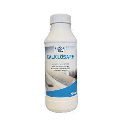 Plastflaska med etiketten "Fixor Kalklösare" och text om användning för kalkborttagning, 700 ml.