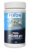 Vit behållare med etikett "Fixor Pool Höjer pH" och en bild av en person under vatten. Innehåll 1 kg.