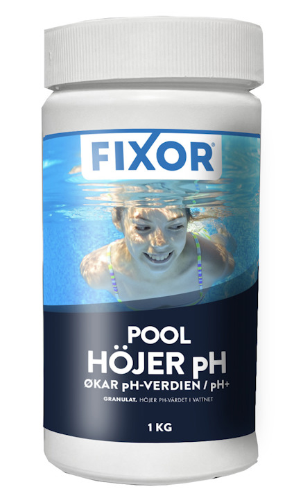 Vit behållare med etikett "Fixor Pool Höjer pH" och en bild av en person under vatten. Innehåll 1 kg.