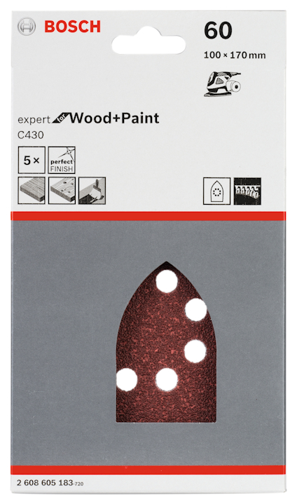 Förpackning med Bosch sandpapper, expert Wood+Paint, kornstorlek 60, 100 x 170 mm, 5 st.