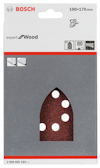 Slippapper för trä, Bosch-märke, expert-serie, 100x170 mm, kornstorlek 80, med sex hål för dammutsugning.