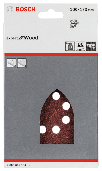 Slippapper för trä, Bosch-märke, expert-serie, 100x170 mm, kornstorlek 80, med sex hål för dammutsugning.