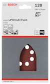 Förpackning av Bosch slippapper, expert Wood+Paint, kornstorlek 120, 100x170 mm, 5-pack.