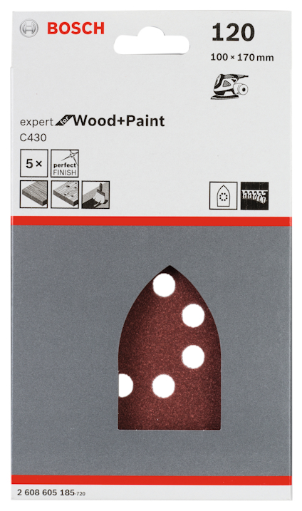 Förpackning av Bosch slippapper, expert Wood+Paint, kornstorlek 120, 100x170 mm, 5-pack.