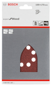 Förpackning med Bosch slippapper för trä, 100x170 mm, sex perforerade hål.