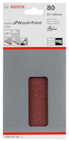 Förpackning med Bosch sandpapper, kornstorlek 80, 93 x 186 mm, expert Wood+Paint C430.