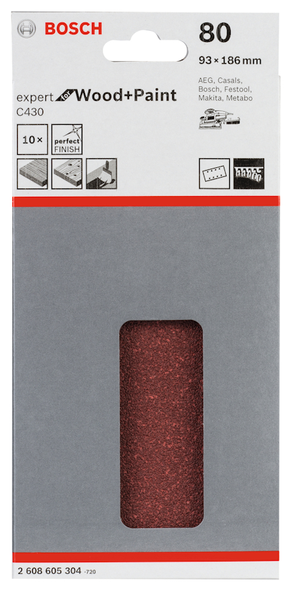 Förpackning med Bosch sandpapper, kornstorlek 80, 93 x 186 mm, expert Wood+Paint C430.