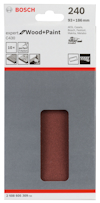 Förpackning av Bosch sandpapper, 240 korn, 93x186 mm, för trä och färg, innehåller 10 ark.