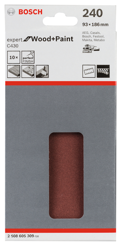 Förpackning av Bosch sandpapper, 240 korn, 93x186 mm, för trä och färg, innehåller 10 ark.