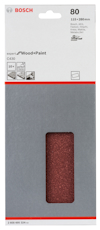 Förpackning med Bosch sandpapper, Expert for Wood+Paint, grovlek 80, 115x280 mm, innehåller 10 ark.