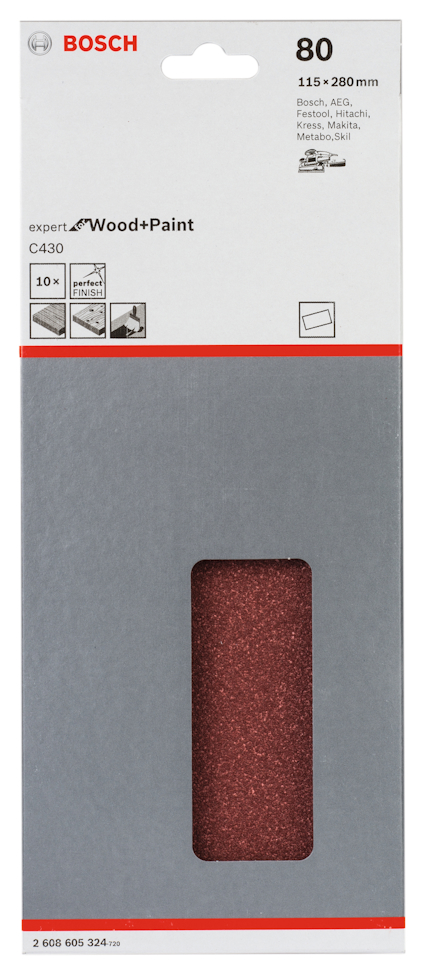Förpackning med Bosch sandpapper, Expert for Wood+Paint, grovlek 80, 115x280 mm, innehåller 10 ark.