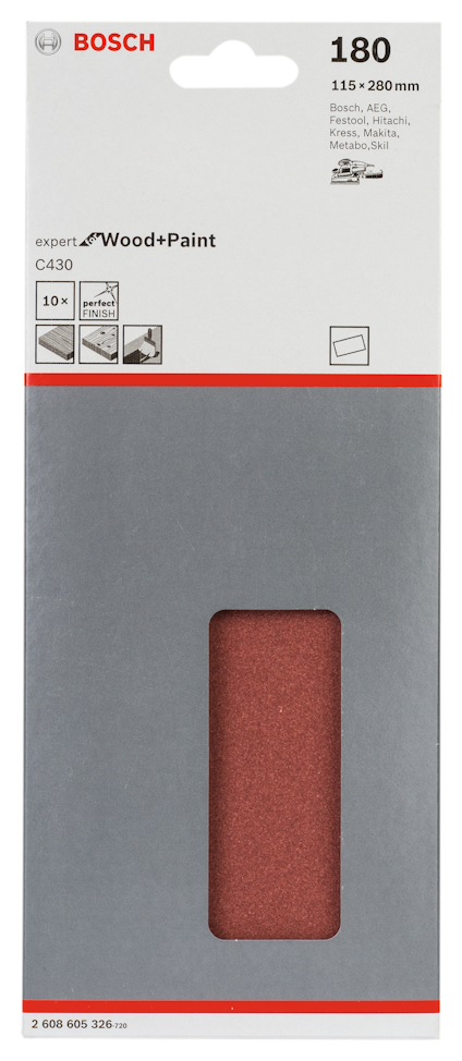 Slippapper Bosch Expert C430, 180 kornstorlek, för trä och färg, 115x280 mm, 10-pack.