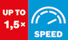 Röd och blå rektangel med texten "UP TO 1,5× SPEED" och en stiliserad hastighetsmätare.