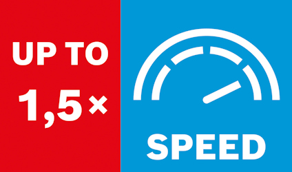 Röd och blå rektangel med texten "UP TO 1,5× SPEED" och en stiliserad hastighetsmätare.