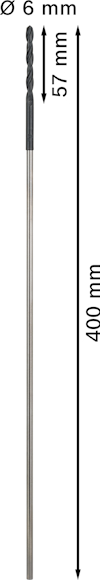 Borrstång med en diameter på 6 mm och en längd av 400 mm, varav 57 mm är spiralformad.