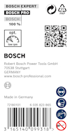 Etikett med Bosch-logotyper, QR-kod, text om tillverkning i Tyskland och säkerhetspiktogram.