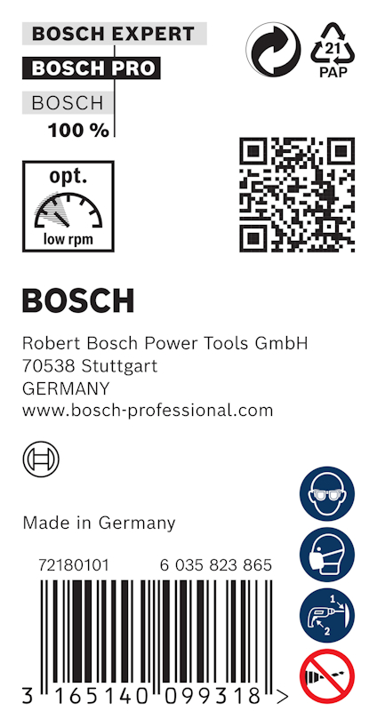 Etikett med Bosch-logotyper, QR-kod, text om tillverkning i Tyskland och säkerhetspiktogram.