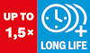 Röd och blå grafisk design med texten "UP TO 1,5× LONG LIFE" och en klockikon.