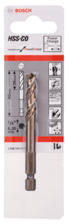 Förpackning med Bosch HSS-CO borr, 4 1/2" (6,35 mm), med illustrationer och specifikationer för trä och metall.