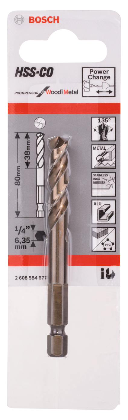 Förpackning med Bosch HSS-CO borr, 4 1/2" (6,35 mm), med illustrationer och specifikationer för trä och metall.
