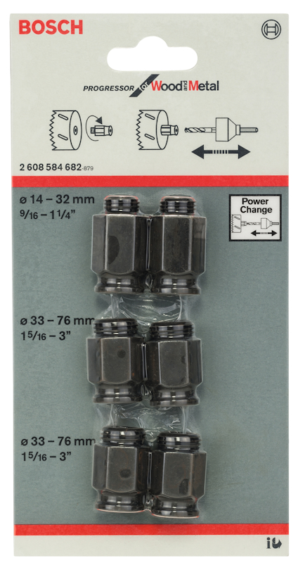 Förpackning med Bosch-adaptrar för hålsågar, storleksspan anges från 14-32 mm och 33-76 mm.