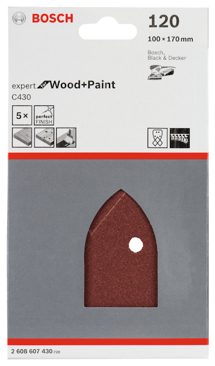Förpackning med Bosch Expert Wood+Paint slippapper, kornstorlek 120, 100x170 mm.