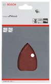 Förpackning av Bosch slippapper för trä, formad som en triangel, med 180 grit och ett hål i mitten.