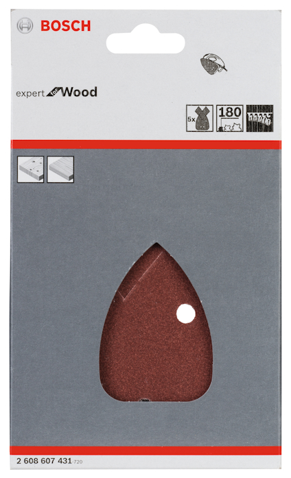 Förpackning av Bosch slippapper för trä, formad som en triangel, med 180 grit och ett hål i mitten.