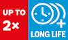 Röd och blå rektangel med texten "UP TO 2x LONG LIFE" och en klockikon med plustecken.