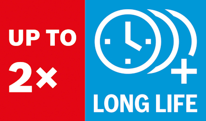 Röd och blå rektangel med texten "UP TO 2x LONG LIFE" och en klockikon med plustecken.