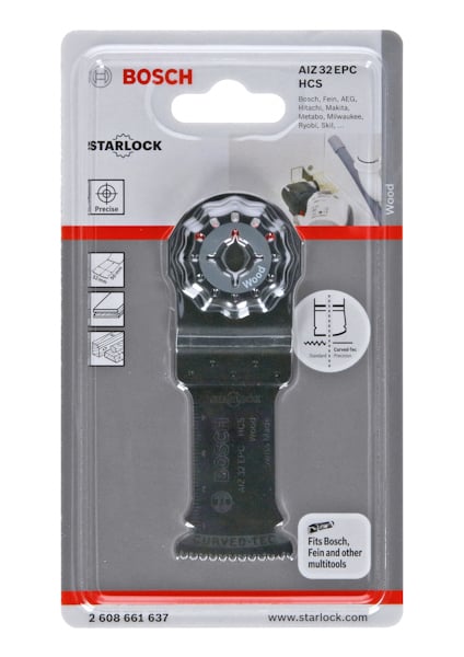 Förpackning med Bosch Starlock sågblad AI232EPC HCS, kompatibel med flera verktygsmärken.
