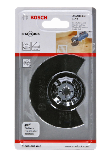Förpackning innehållande Bosch Starlock Cirkelsågklinga, ACZ 85 EC HCS, med visuell illustration av kompatibilitet.