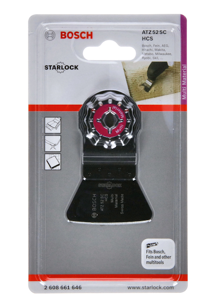 Bosch ATZ 52 SC HCS Starlock multi-tool blade in packaging, compatible with Bosch, Fein, and other multitools.