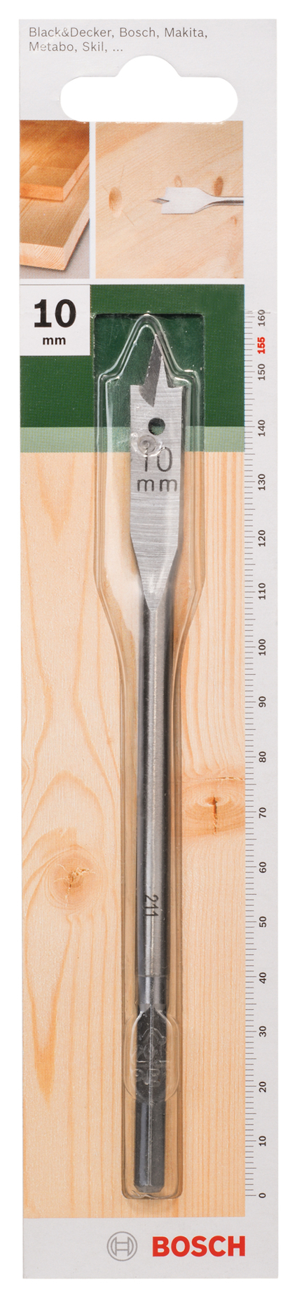 Förpackning med ett Bosch 10 mm borrspets, i genomskinlig plast och kartong.