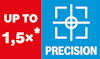 Röd bakgrund med texten "UP TO 1,5x*" och blå bakgrund med målsymbol och texten "PRECISION".
