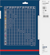 Blått förpackningsdiagram med tabell över borrbits kompatibilitet och symboler. QR-kod och streckkod på vit sektion.