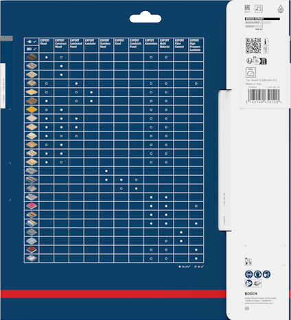 Blått förpackningsdiagram med tabell över borrbits kompatibilitet och symboler. QR-kod och streckkod på vit sektion.