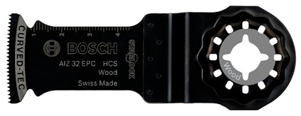 Svart Bosch sågblad för trä. Märkt "AIZ 32 EPC HCS Wood Swiss Made".