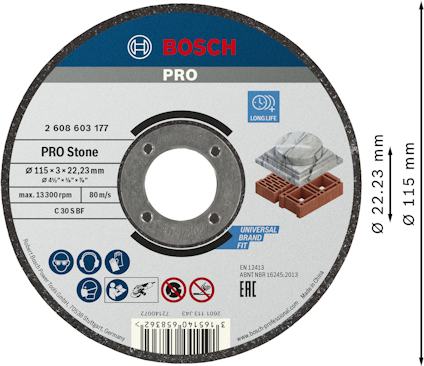 Rund kapskiva från Bosch, modell "PRO Stone" för universal användning. Mått: Ø115 x 3 x 22,23 mm.